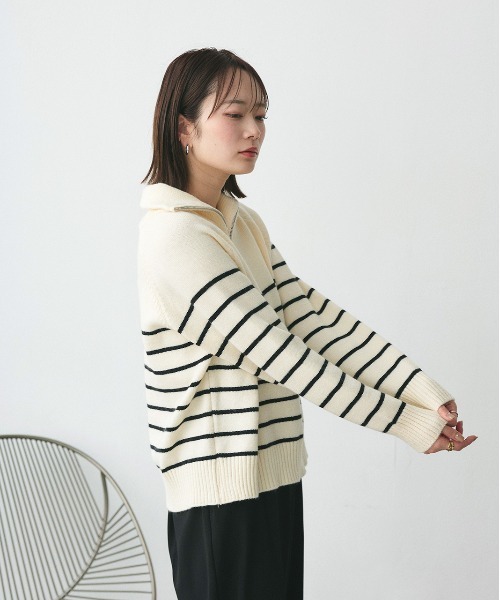 ad thie(アドティエ)の「ハーフジップ ボーダーニット(ニット/セーター・レディース・ブラック/オフホワイト/グレー・FREE)」の9枚目の写真