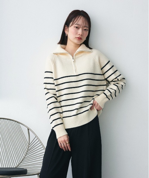 ad thie(アドティエ)の「ハーフジップ ボーダーニット(ニット/セーター・レディース・ブラック/オフホワイト/グレー・FREE)」の12枚目の写真