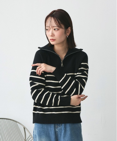 ad thie(アドティエ)の「ハーフジップ ボーダーニット(ニット/セーター・レディース・ブラック/オフホワイト/グレー・FREE)」の15枚目の写真