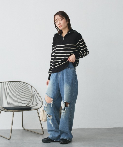 ad thie(アドティエ)の「ハーフジップ ボーダーニット(ニット/セーター・レディース・ブラック/オフホワイト/グレー・FREE)」の17枚目の写真