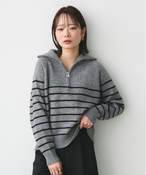 ad thie(アドティエ)の「ハーフジップ ボーダーニット(ニット/セーター・レディース・ブラック/オフホワイト/グレー・FREE)」の20枚目の写真