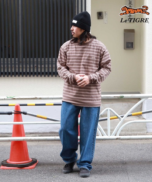 Right-on(ライトオン)の「Le TIGRE(ルティグレ)【メンズ】ワンポイントマルチボーダー長袖Tシャツ(Tシャツ/カットソー・メンズ・ブラウン/ブラック・S/M/L/XL)」の5枚目の写真