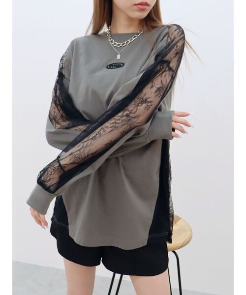 EVRIS（エヴリス）の「レースコンビトップスBIGロンT（Tシャツ/カットソー・レディース・ホワイト/ブラック/チャコールグレー・FREE）」の8枚目の写真