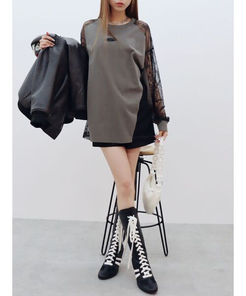 EVRIS（エヴリス）の「レースコンビトップスBIGロンT（Tシャツ/カットソー・レディース・ホワイト/ブラック/チャコールグレー・FREE）」の6枚目の写真