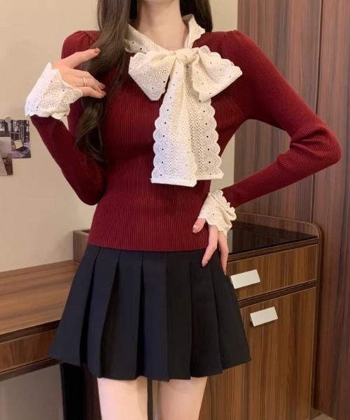 SHEPP(シープ)の「リボンレースタイ切り替えリブニット(ニット/セーター・レディース・ホワイト/ブラック/レッド・F)」の1枚目の写真