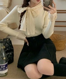 リボンレースタイ切り替えリブニット