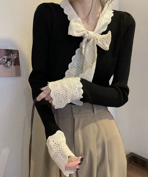 SHEPP(シープ)の「リボンレースタイ切り替えリブニット(ニット/セーター・レディース・ホワイト/ブラック/レッド・F)」の12枚目の写真