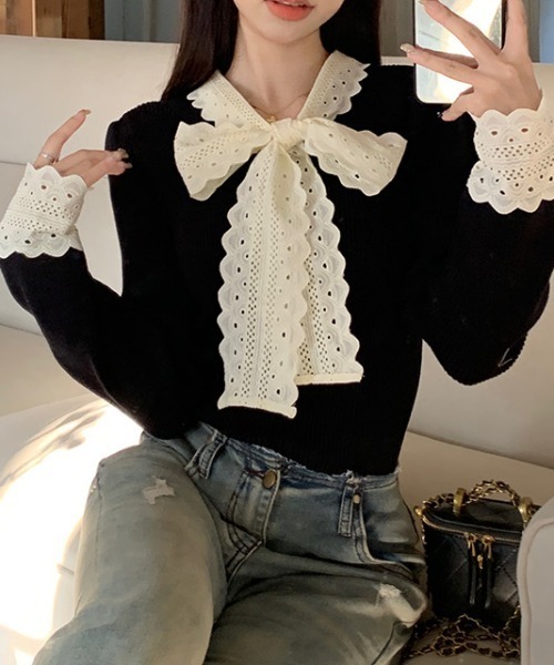 SHEPP(シープ)の「リボンレースタイ切り替えリブニット(ニット/セーター・レディース・ホワイト/ブラック/レッド・F)」の14枚目の写真