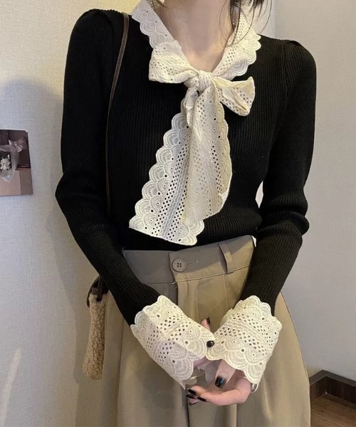 SHEPP(シープ)の「リボンレースタイ切り替えリブニット(ニット/セーター・レディース・ホワイト/ブラック/レッド・F)」の15枚目の写真