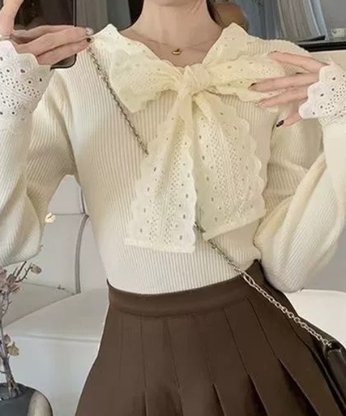 SHEPP(シープ)の「リボンレースタイ切り替えリブニット(ニット/セーター・レディース・ホワイト/ブラック/レッド・F)」の7枚目の写真
