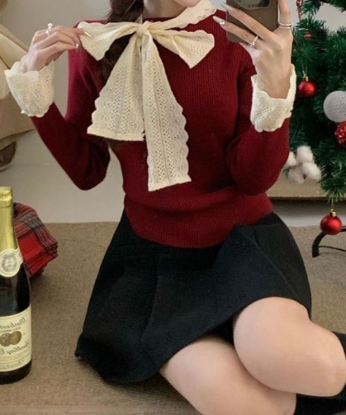 SHEPP(シープ)の「リボンレースタイ切り替えリブニット(ニット/セーター・レディース・ホワイト/ブラック/レッド・F)」の20枚目の写真