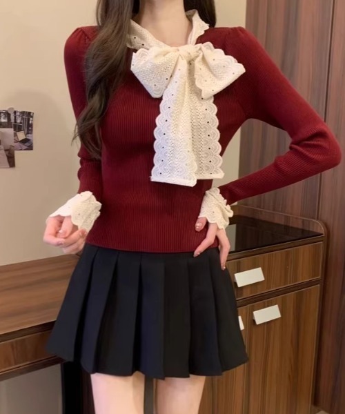 SHEPP(シープ)の「リボンレースタイ切り替えリブニット(ニット/セーター・レディース・ホワイト/ブラック/レッド・F)」の21枚目の写真