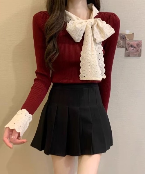 SHEPP(シープ)の「リボンレースタイ切り替えリブニット(ニット/セーター・レディース・ホワイト/ブラック/レッド・F)」の22枚目の写真