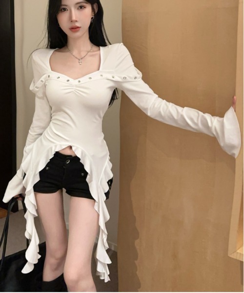 Sibra（シブラ）の「ラッフルスリーブマーメイドトップス（Tシャツ/カットソー・レディース・ホワイト/ブラック・M）」の4枚目の写真