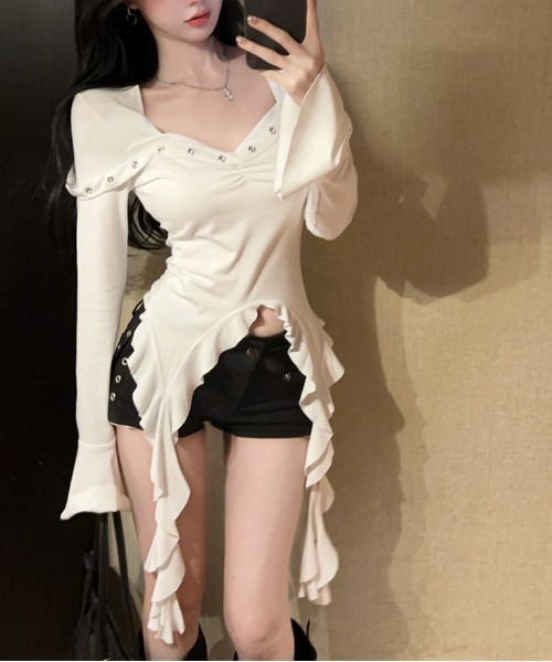 Sibra（シブラ）の「ラッフルスリーブマーメイドトップス（Tシャツ/カットソー・レディース・ホワイト/ブラック・M）」の5枚目の写真