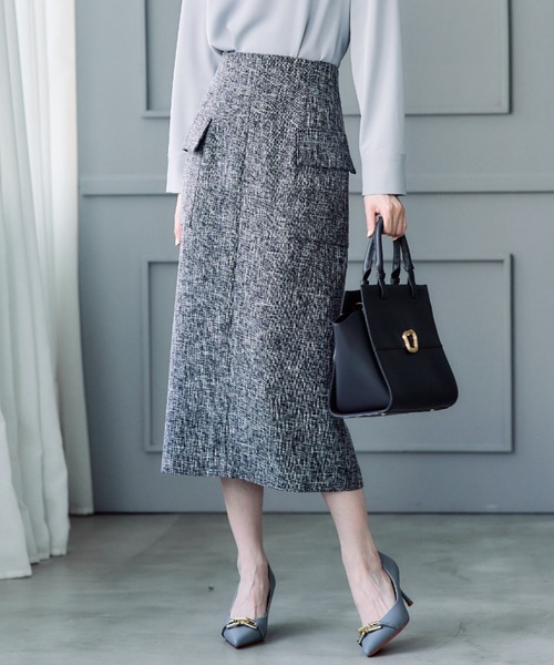 12Twelve Agenda（トゥエルブ　アジェンダ）の「バーズアイブッチャーフラップデザインタイトスカート（スカート・レディース・ネイビー/ブラック・S/M）」の4枚目の写真