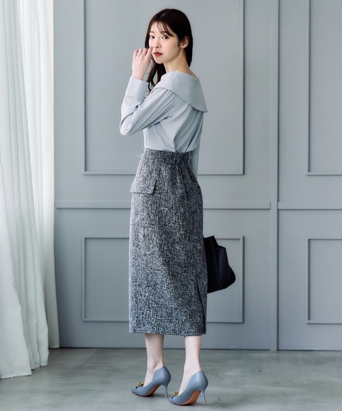 12Twelve Agenda（トゥエルブ　アジェンダ）の「バーズアイブッチャーフラップデザインタイトスカート（スカート・レディース・ネイビー/ブラック・S/M）」の16枚目の写真