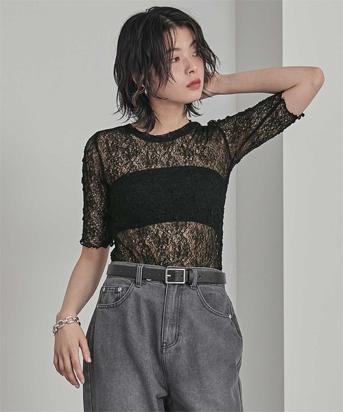 miette(ミエット)の「ストレッチレースコンパクトTシャツ(Tシャツ/カットソー・レディース・ライトブルー/ブラック/オフホワイト/ブラウン・FREE)」の1枚目の写真