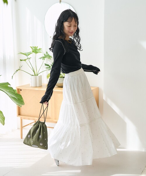FREAK'S STORE（フリークスストア）の「インド はしごレース ティアードマキシスカート/フレアマキシスカート/コットンロングスカート/ラメドットスカート（スカート・レディース・ブラック/ワイン/オフホワイト/ホワイト/ダークネイビー/ベージュ/チャコール・ﾌﾘ-）」の10枚目の写真
