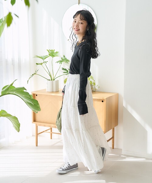 FREAK'S STORE（フリークスストア）の「インド はしごレース ティアードマキシスカート/フレアマキシスカート/コットンロングスカート/ラメドットスカート（スカート・レディース・ブラック/ワイン/オフホワイト/ホワイト/ダークネイビー/ベージュ/チャコール・ﾌﾘ-）」の12枚目の写真