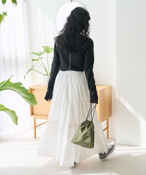 FREAK'S STORE（フリークスストア）の「インド はしごレース ティアードマキシスカート/フレアマキシスカート/コットンロングスカート/ラメドットスカート（スカート・レディース・ブラック/ワイン/オフホワイト/ホワイト/ダークネイビー/ベージュ/チャコール・ﾌﾘ-）」の13枚目の写真