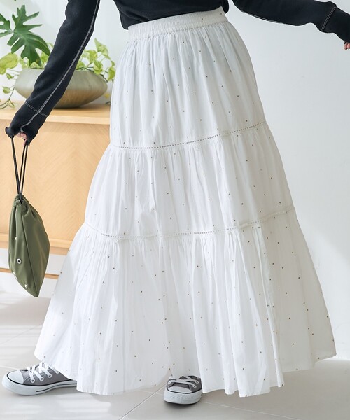 FREAK'S STORE（フリークスストア）の「インド はしごレース ティアードマキシスカート/フレアマキシスカート/コットンロングスカート/ラメドットスカート（スカート・レディース・ブラック/ワイン/オフホワイト/ホワイト/ダークネイビー/ベージュ/チャコール・ﾌﾘ-）」の16枚目の写真