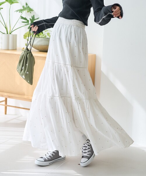 FREAK'S STORE（フリークスストア）の「インド はしごレース ティアードマキシスカート/フレアマキシスカート/コットンロングスカート/ラメドットスカート（スカート・レディース・ブラック/ワイン/オフホワイト/ホワイト/ダークネイビー/ベージュ/チャコール・ﾌﾘ-）」の18枚目の写真