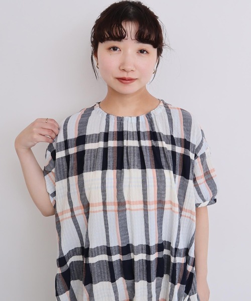 l'atelier du savon（アトリエドサボン）の「●高島ちぢみbig check ふんわりワンピース（ワンピース・レディース・ホワイト/グリーン・FREE）」の9枚目の写真