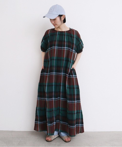 l'atelier du savon（アトリエドサボン）の「●高島ちぢみbig check ふんわりワンピース（ワンピース・レディース・ホワイト/グリーン・FREE）」の8枚目の写真