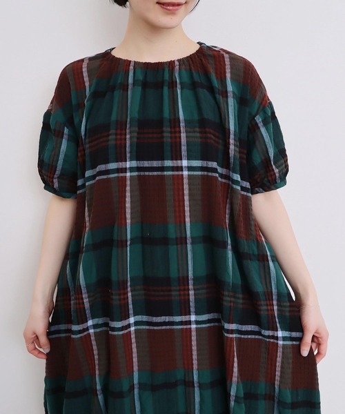 l'atelier du savon（アトリエドサボン）の「●高島ちぢみbig check ふんわりワンピース（ワンピース・レディース・ホワイト/グリーン・FREE）」の12枚目の写真