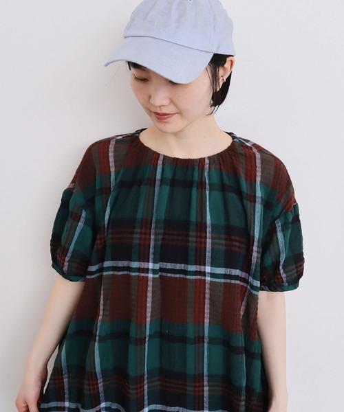 l'atelier du savon（アトリエドサボン）の「●高島ちぢみbig check ふんわりワンピース（ワンピース・レディース・ホワイト/グリーン・FREE）」の3枚目の写真