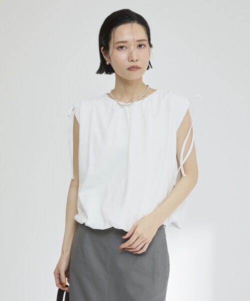 Firsthand(ファーストハンド)の「Firsthand/ファーストハンド オーガニックコットン ドロストギャザーバルーントップス / フレンチスリーブTシャツ / 袖リボン(Tシャツ/カットソー・レディース・ホワイト/ブラック/ブラウン/ブルー・FREE)」の7枚目の写真