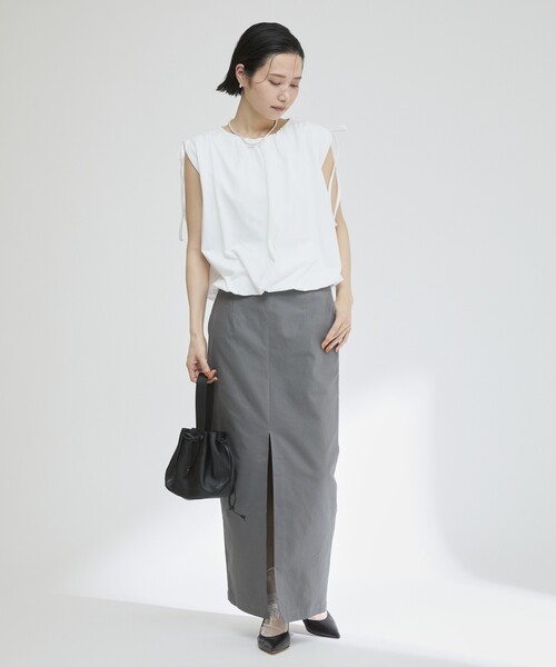 Firsthand(ファーストハンド)の「Firsthand/ファーストハンド オーガニックコットン ドロストギャザーバルーントップス / フレンチスリーブTシャツ / 袖リボン(Tシャツ/カットソー・レディース・ホワイト/ブラック/ブラウン/ブルー・FREE)」の8枚目の写真