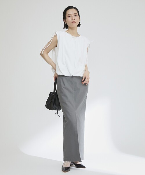 Firsthand(ファーストハンド)の「Firsthand/ファーストハンド オーガニックコットン ドロストギャザーバルーントップス / フレンチスリーブTシャツ / 袖リボン(Tシャツ/カットソー・レディース・ホワイト/ブラック/ブラウン/ブルー・FREE)」の9枚目の写真