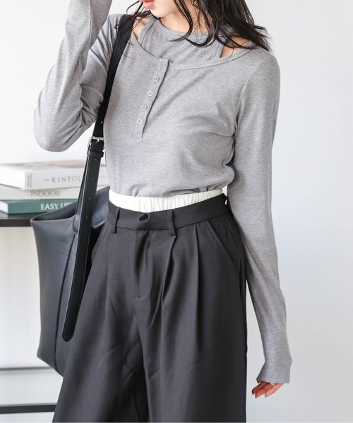 AMELY(エミリー)の「アメスリ&ヘンリーネックトップス(Tシャツ/カットソー・レディース・ブラック/ホワイト/グレー・フリー)」の16枚目の写真