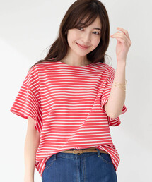 【接触冷感・UVカット】オーガニックコットンフリルスリーブボーダーTシャツ