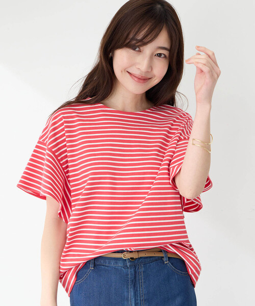 Petit Honfleur(プチオンフルール)の「【接触冷感・UVカット】オーガニックコットンフリルスリーブボーダーTシャツ(Tシャツ/カットソー・レディース・ホワイト/レッド/ブルー・M/L)」の3枚目の写真