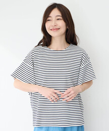 【接触冷感・UVカット】オーガニックコットンフリルスリーブボーダーTシャツ