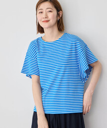 Petit Honfleur | 【接触冷感・UVカット】オーガニックコットンフリルスリーブボーダーTシャツ(Tシャツ/カットソー)