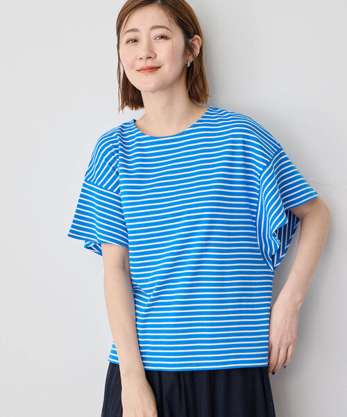 Petit Honfleur(プチオンフルール)の「【接触冷感・UVカット】オーガニックコットンフリルスリーブボーダーTシャツ(Tシャツ/カットソー・レディース・ホワイト/レッド/ブルー・M/L)」の1枚目の写真