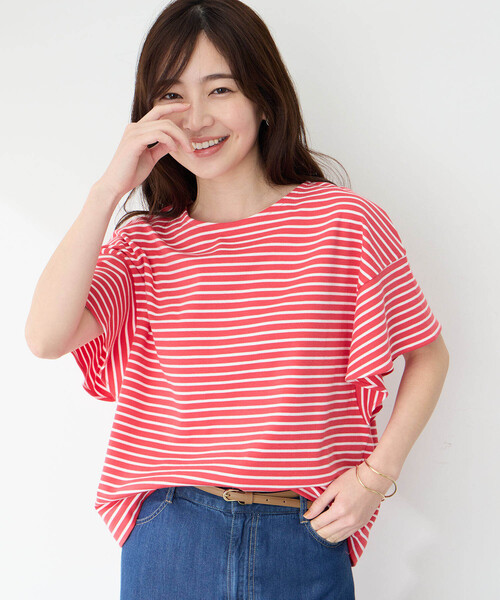 Petit Honfleur(プチオンフルール)の「【接触冷感・UVカット】オーガニックコットンフリルスリーブボーダーTシャツ(Tシャツ/カットソー・レディース・ホワイト/レッド/ブルー・M/L)」の4枚目の写真