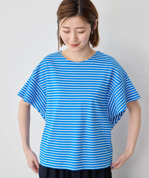 Petit Honfleur(プチオンフルール)の「【接触冷感・UVカット】オーガニックコットンフリルスリーブボーダーTシャツ(Tシャツ/カットソー・レディース・ホワイト/レッド/ブルー・M/L)」の5枚目の写真