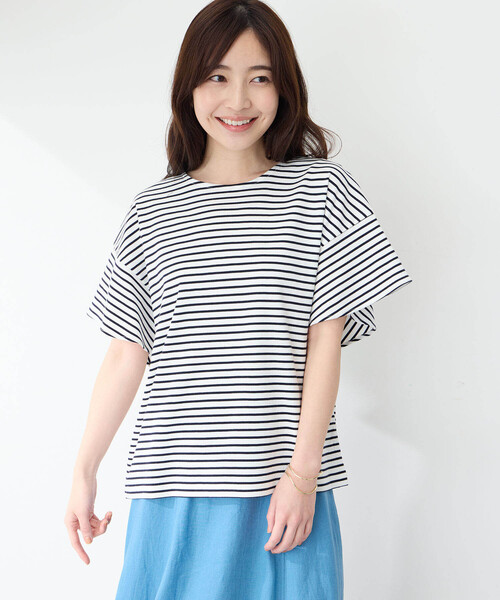 Petit Honfleur(プチオンフルール)の「【接触冷感・UVカット】オーガニックコットンフリルスリーブボーダーTシャツ(Tシャツ/カットソー・レディース・ホワイト/レッド/ブルー・M/L)」の6枚目の写真