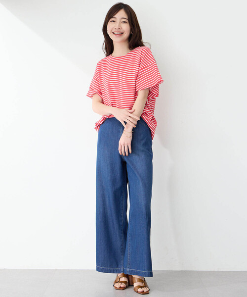 Petit Honfleur(プチオンフルール)の「【接触冷感・UVカット】オーガニックコットンフリルスリーブボーダーTシャツ(Tシャツ/カットソー・レディース・ホワイト/レッド/ブルー・M/L)」の12枚目の写真