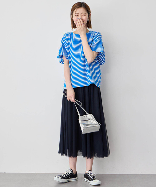 Petit Honfleur(プチオンフルール)の「【接触冷感・UVカット】オーガニックコットンフリルスリーブボーダーTシャツ(Tシャツ/カットソー・レディース・ホワイト/レッド/ブルー・M/L)」の18枚目の写真