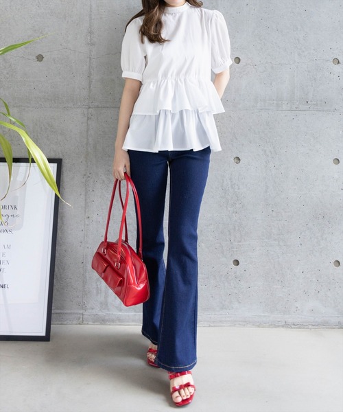 CLEAR BASIC（クリアベーシック）の「2way無地&柄リボンペプラムブラウス[オフィスカジュアル 着回し抜群 大人]（シャツ/ブラウス・レディース・オフホワイト/ネイビー/ブラック系その他・F）」の4枚目の写真