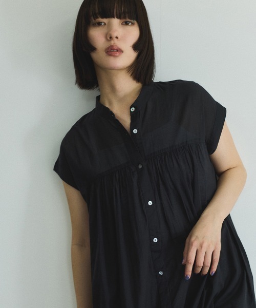 VICKY(ビッキー)の「ボイルフレンチスリーブシャツワンピース≪手洗い可能≫(ワンピース・レディース・ブラック/オフホワイト/ブラウン系その他・M)」の3枚目の写真