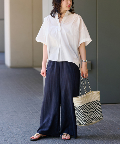 ブラウス シャツ ON/OFFどちらにも決まる。コットンボイルタックワイドプルオーバー レディース Aletta vita トップス プルオーバー Tシャツ 袖タック 異素材
