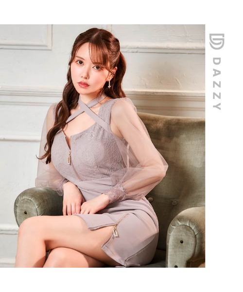 DAZZY（デイジー）の「クロスネックリボン ジップスリット チュール袖 タイトミニドレス（ドレス・レディース・グレー・S/M/L）」の12枚目の写真