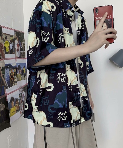 BENDER TOKYO(ベンダートウキョウ)の「【BENDER TOKYO】猫 ネコ 総柄プリント ドレープ レギュラーカラーシャツ 半袖(シャツ/ブラウス・メンズ・エメラルドブルー/ブラック・M/L/XL)」の13枚目の写真